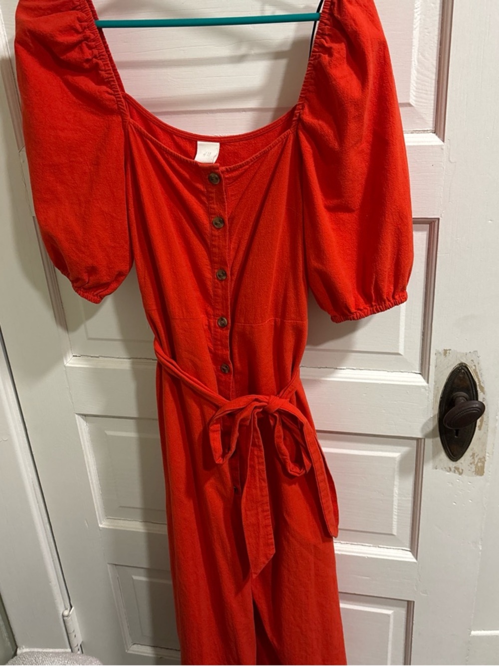 H&M Red Puff-Sleeve Midi Dress with Button Front and Waist Tie